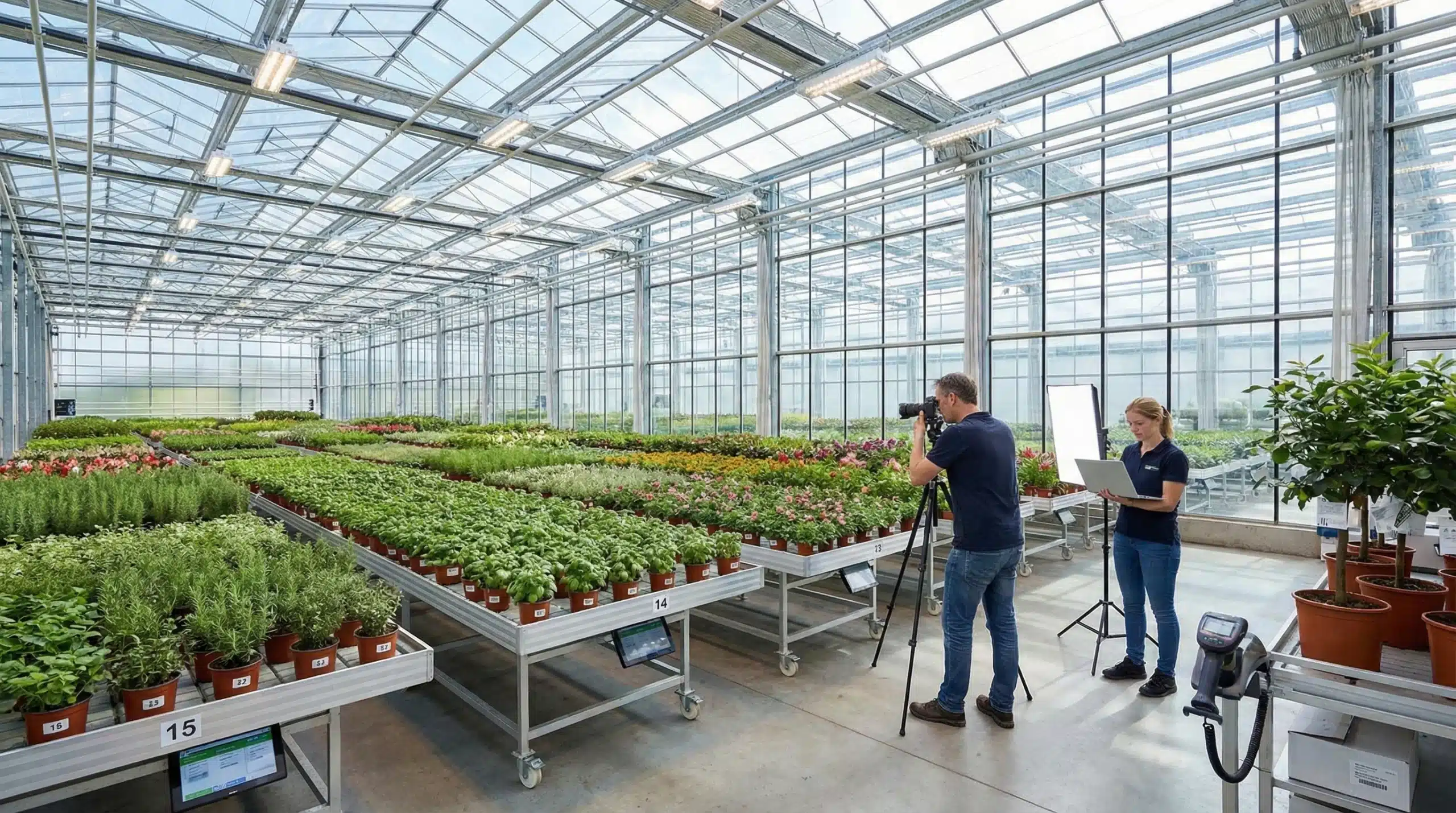 Commercial greenhouse with organized rows of potted plants for efficient inventory management