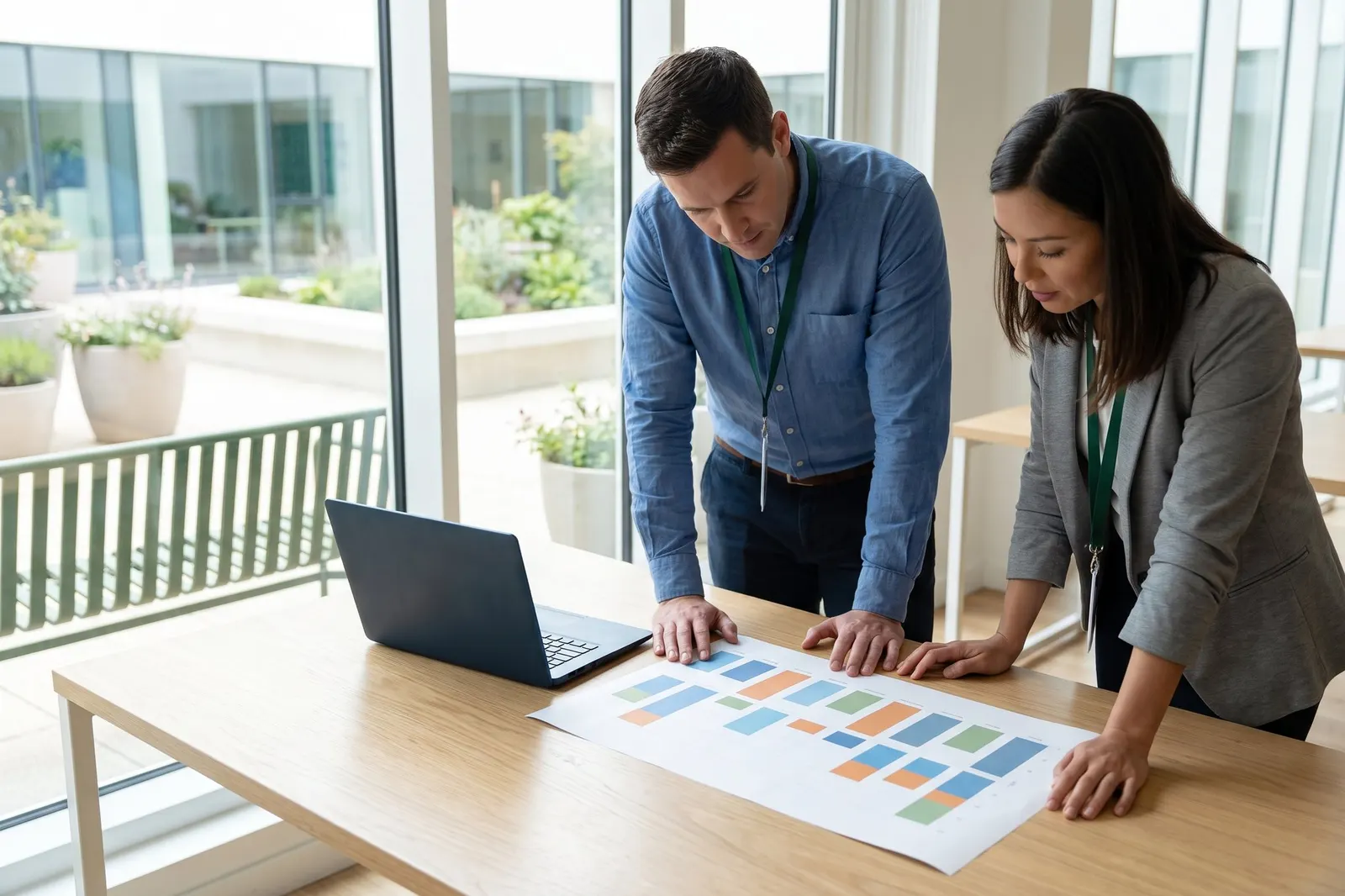 Two colleagues reviewing printouts at a desk