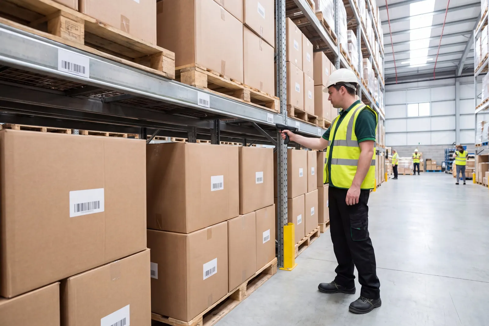 A warehouse worker counting stock in a rack aisle