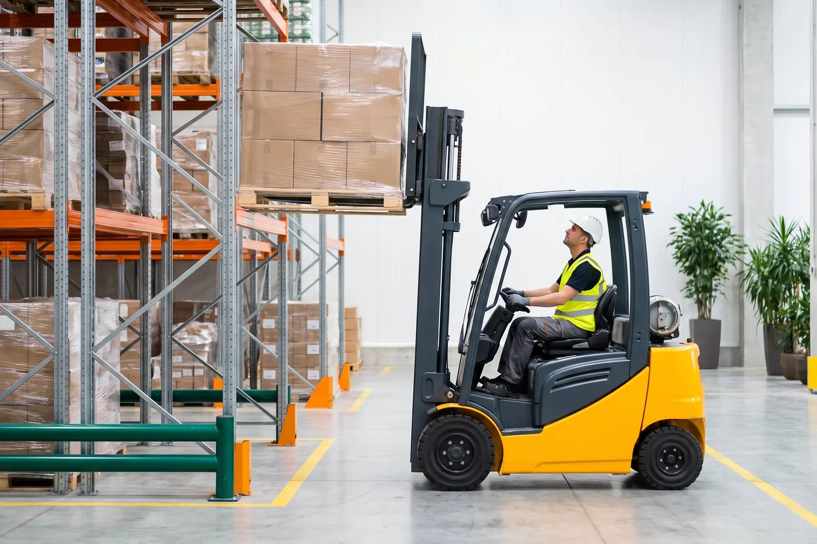A forklift operator putting away a pallet