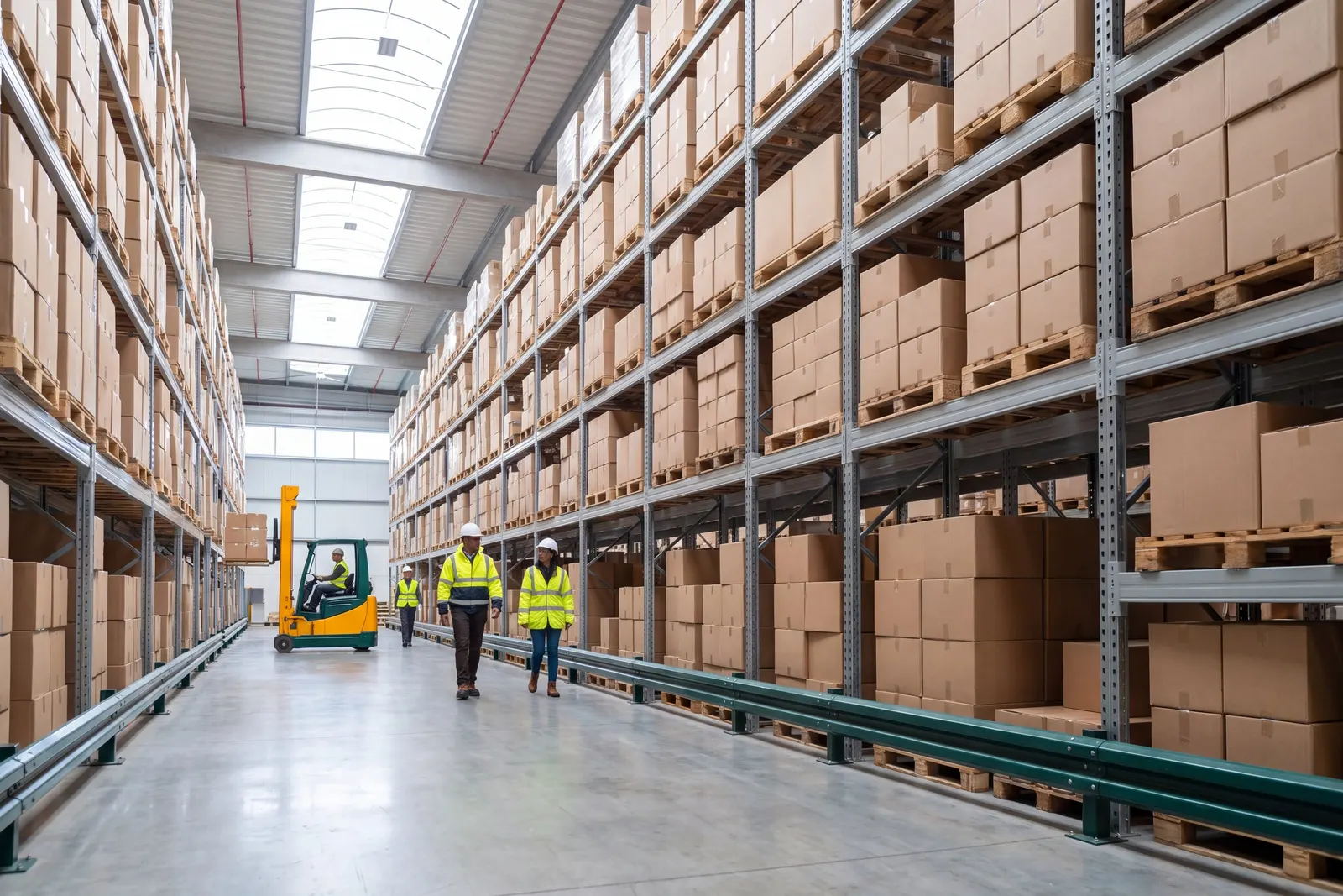 A long aisle of pallet racking in a warehouse