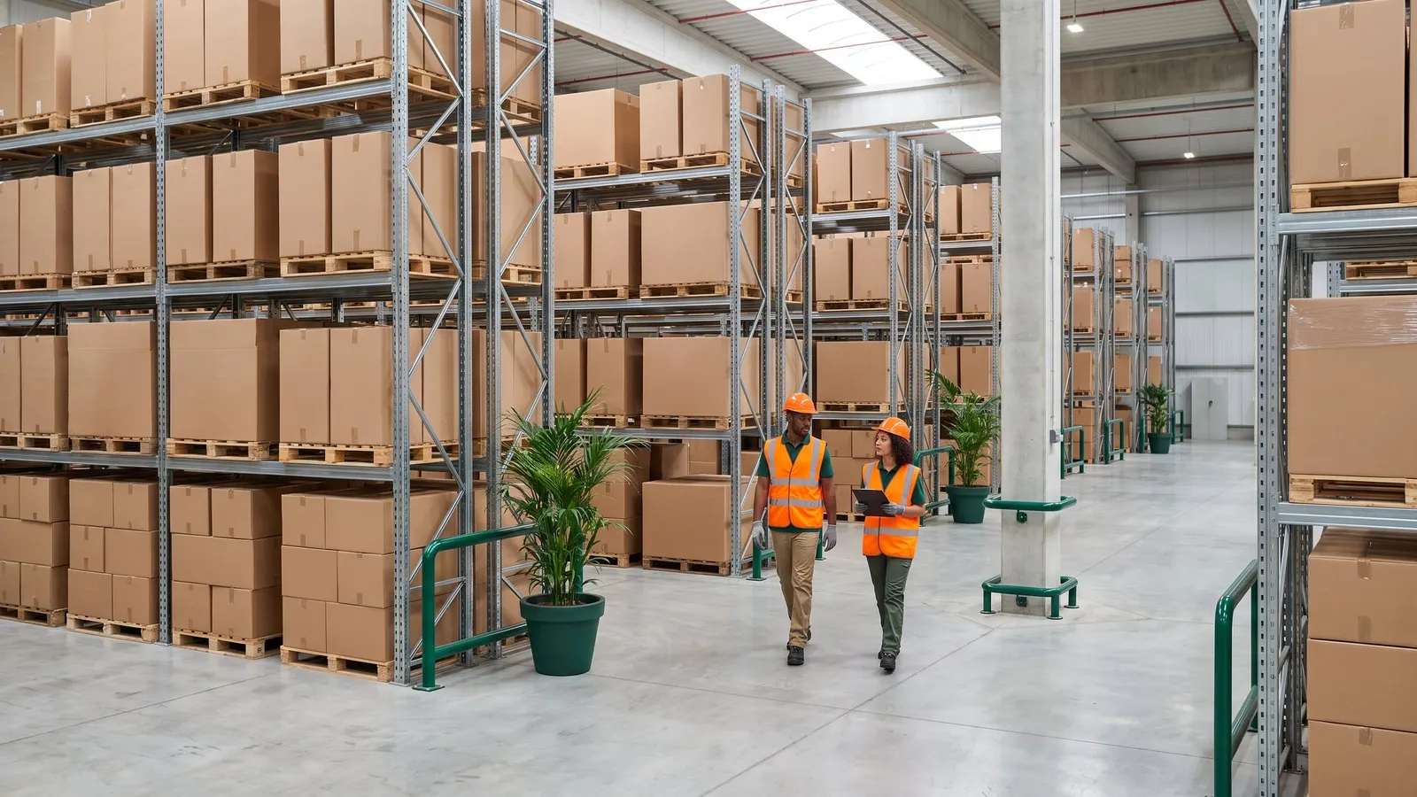 Shelving with cartons on pallets in a warehouse