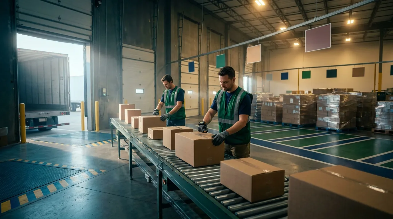 Two warehouse workers in green safety vests placing cardboard boxes on a roller conveyor beside an open loading dock door