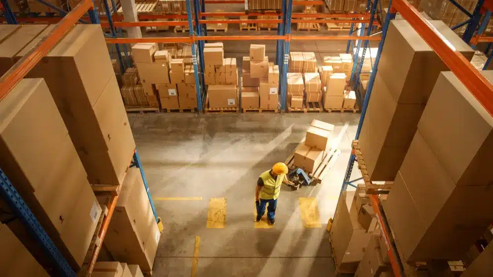 Warehouse worker with hand truck moving boxes through industrial storage facility with pallet racking