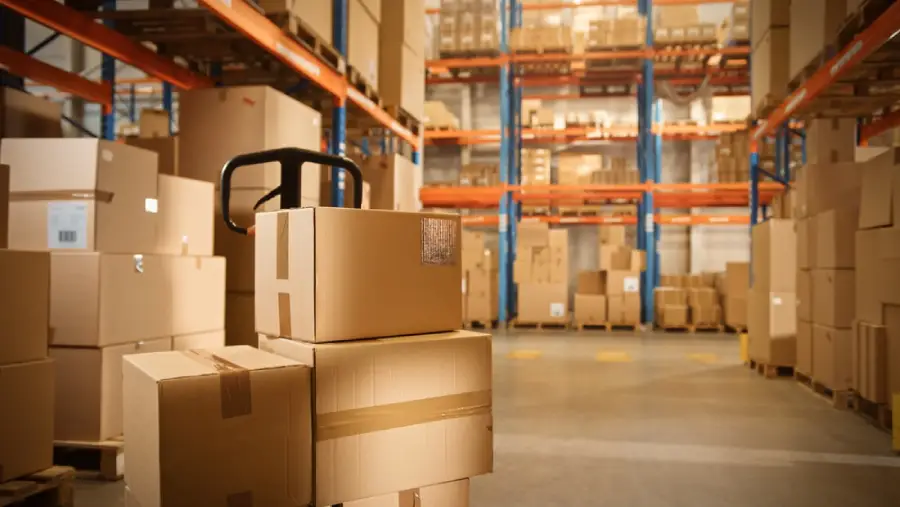 Warehouse interior with cardboard boxes on pallet jack and industrial shelving systems