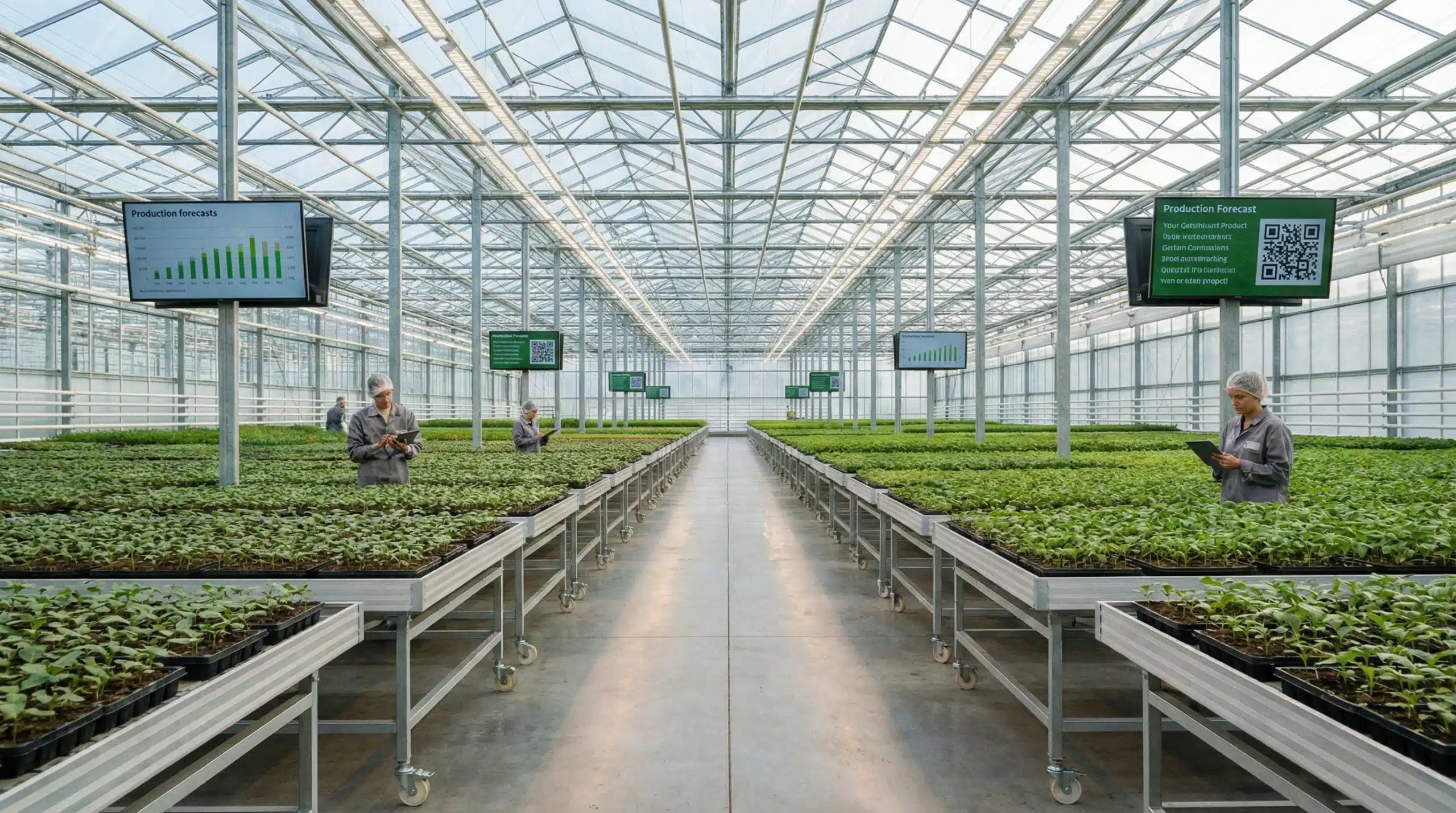 Commercial greenhouse interior with organized plant seedling trays for nursery production forecasting
