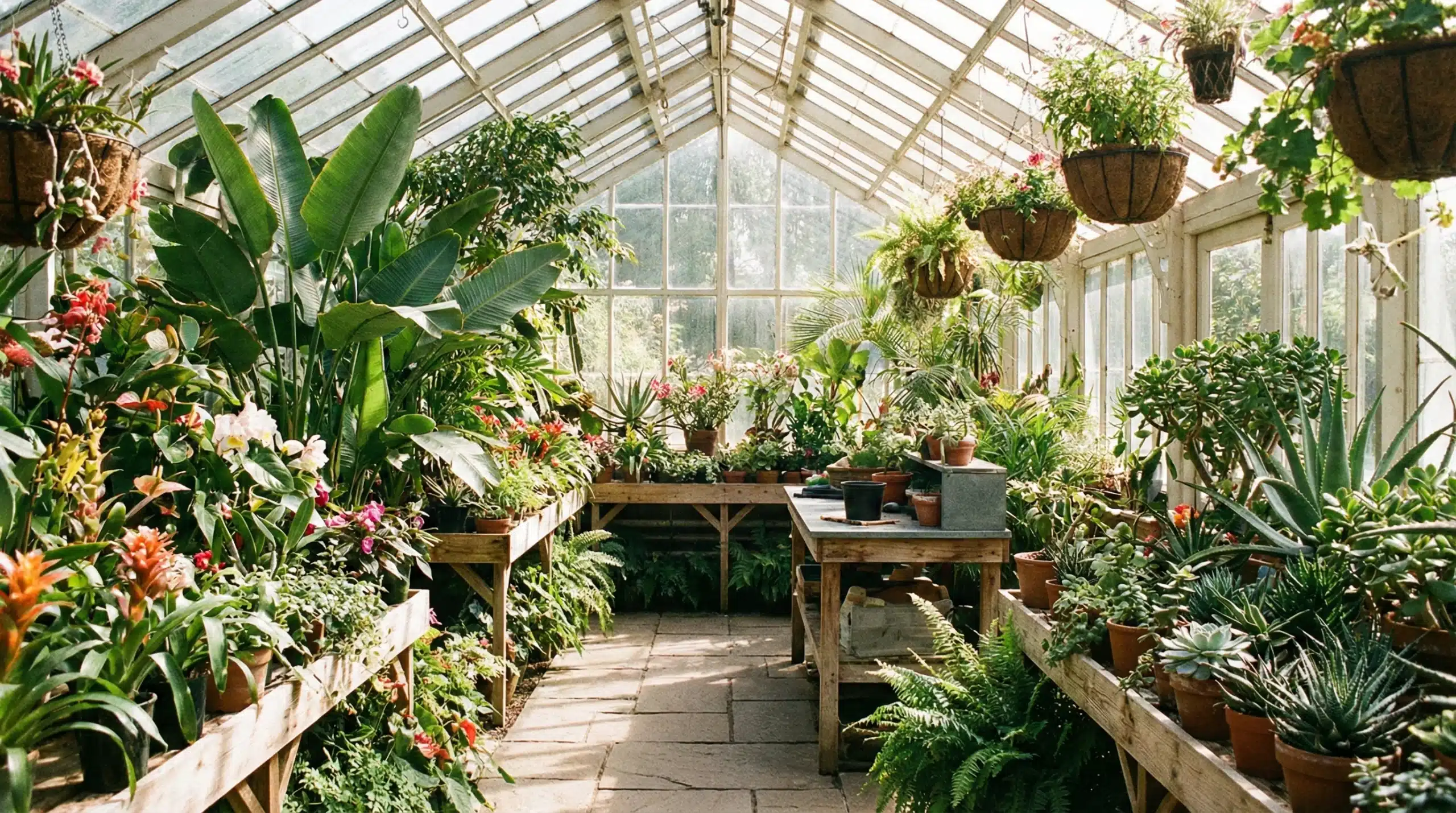 A greenhouse filled with various types of plants