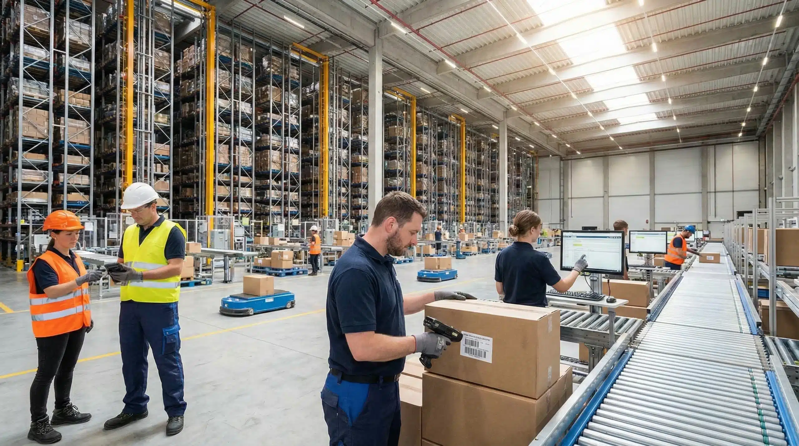 Workers using handheld devices for consumable inventory tracking in a modern warehouse.