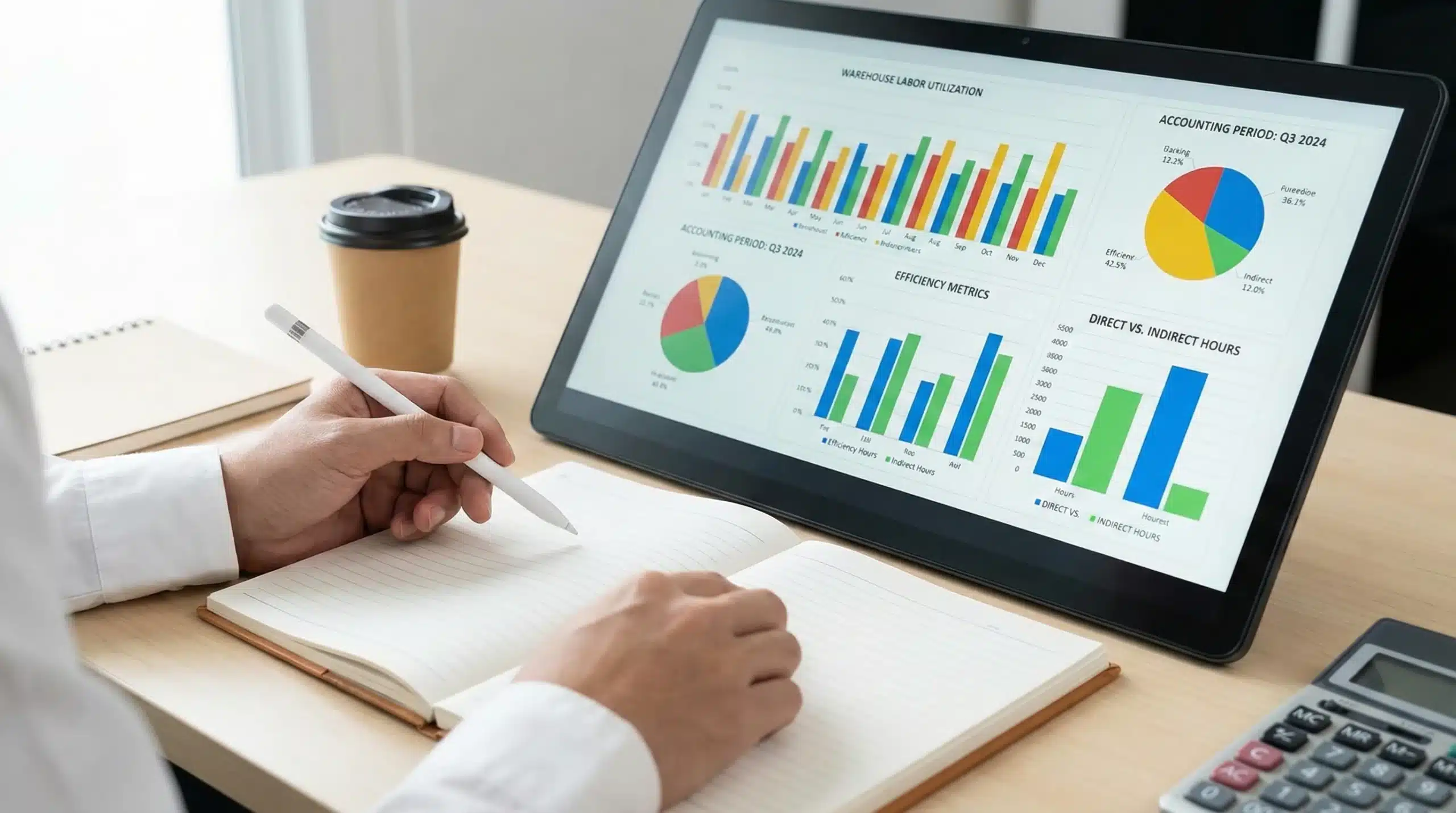 Hands analyzing accounting charts and graphs for warehouse labor utilization calculations