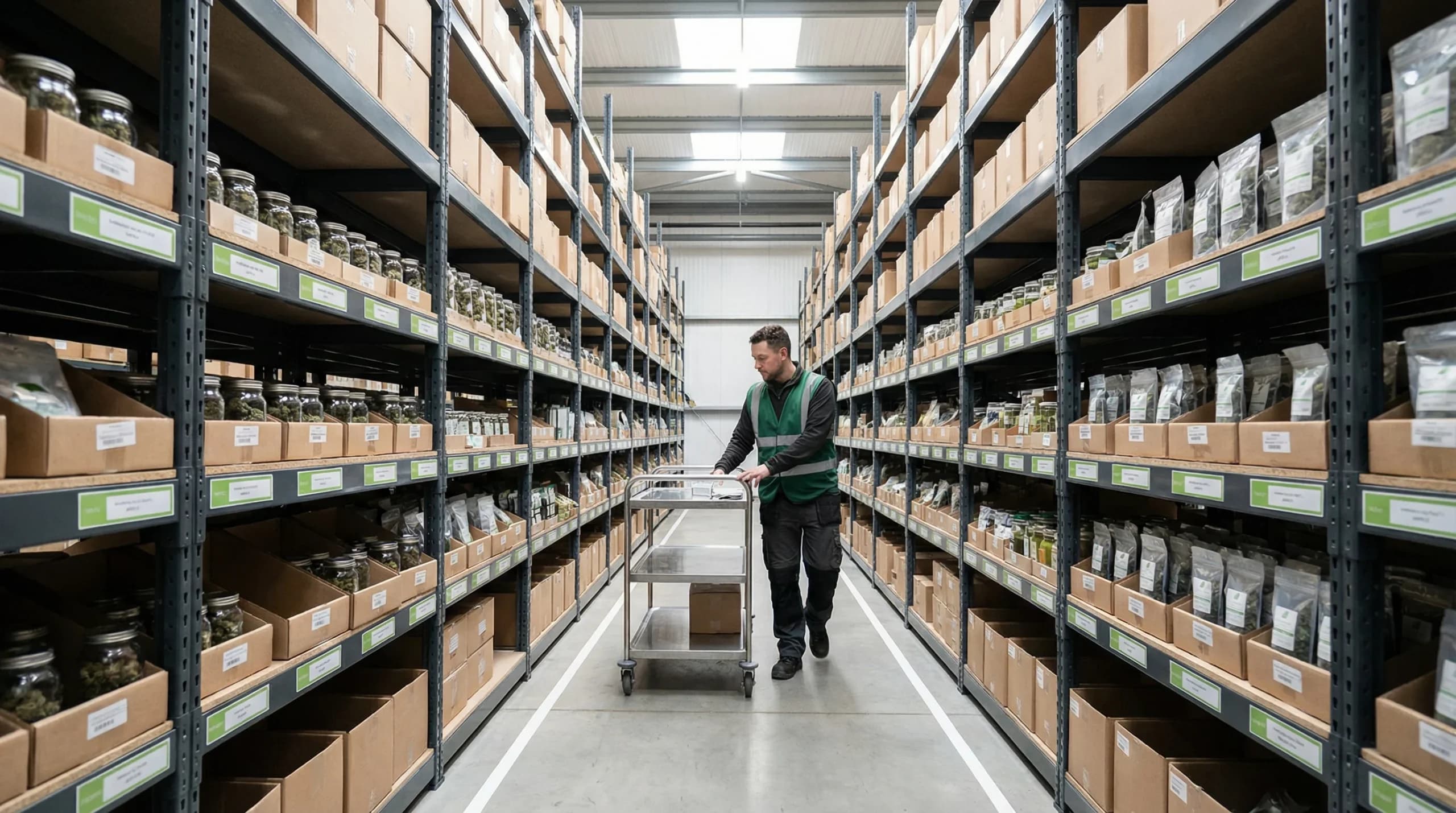 Warehouse aisle with organized cannabis inventory