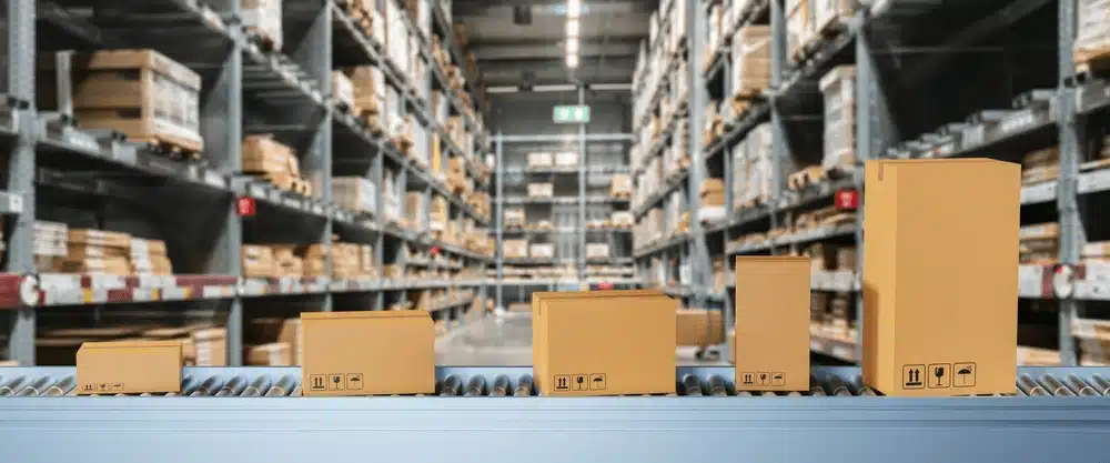 boxes on a conveyor belt in warehouse