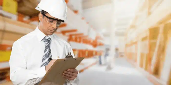 man with hard and glasses in an aisle holding a clipboard