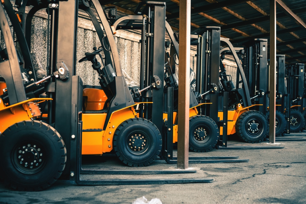 row of forklifts