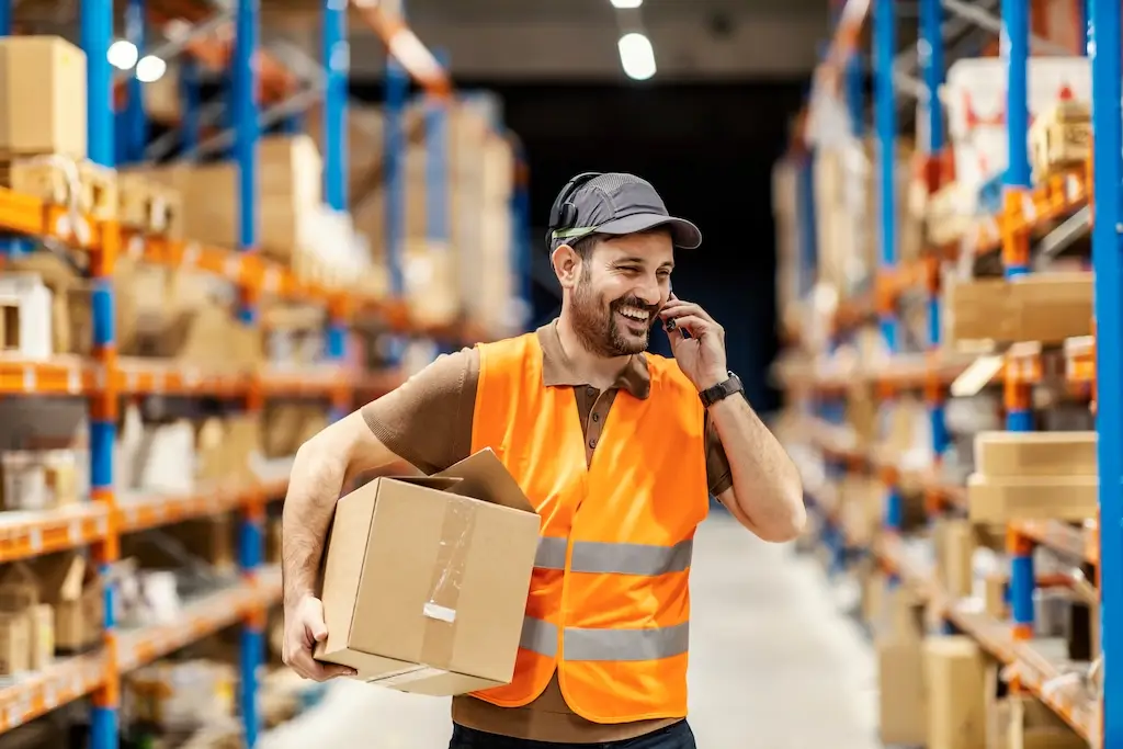 smiling warehouse order picker wearing headset