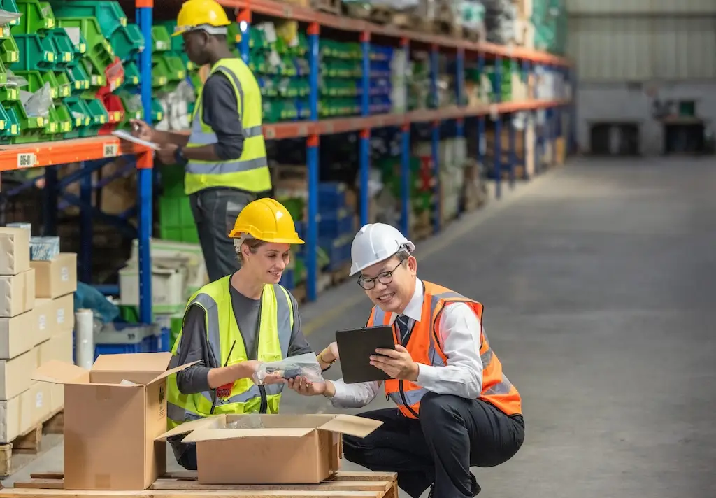 warehouse manager and worker viewing order picking accuracy data