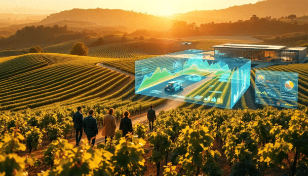 a vineyard with a screen overlay of analytics about crop growth and production