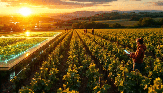 field of grape vine and worker holding a tablet shows stats and reports of the vine growth