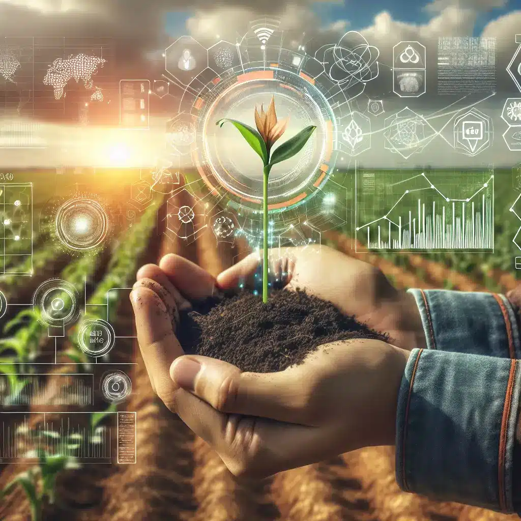 hands holding a plant growing in dirt, with an overlay or reporting details and icons around the plant